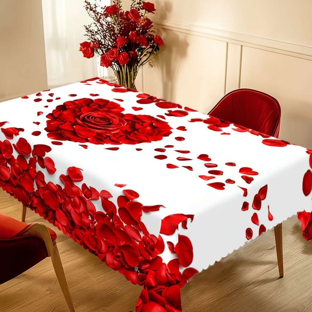 Tischdecke mit Rosenblütenherz, romantischer Polyester-Tischbezug für den Esstisch