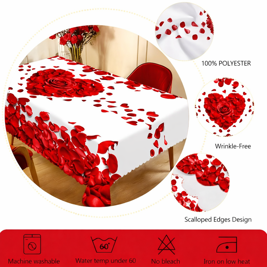 Tischdecke mit Rosenblütenherz, romantischer Polyester-Tischbezug für den Esstisch