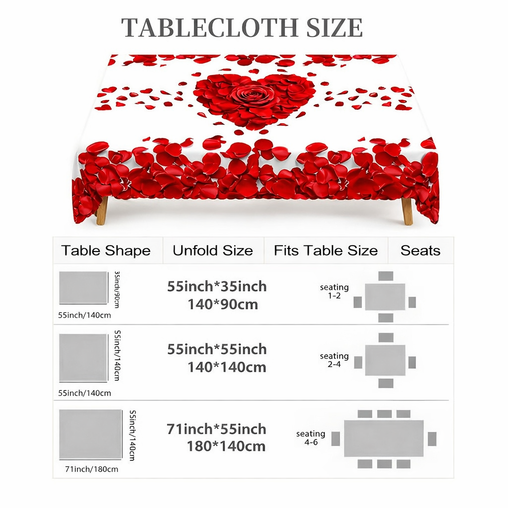 Tischdecke mit Rosenblütenherz, romantischer Polyester-Tischbezug für den Esstisch