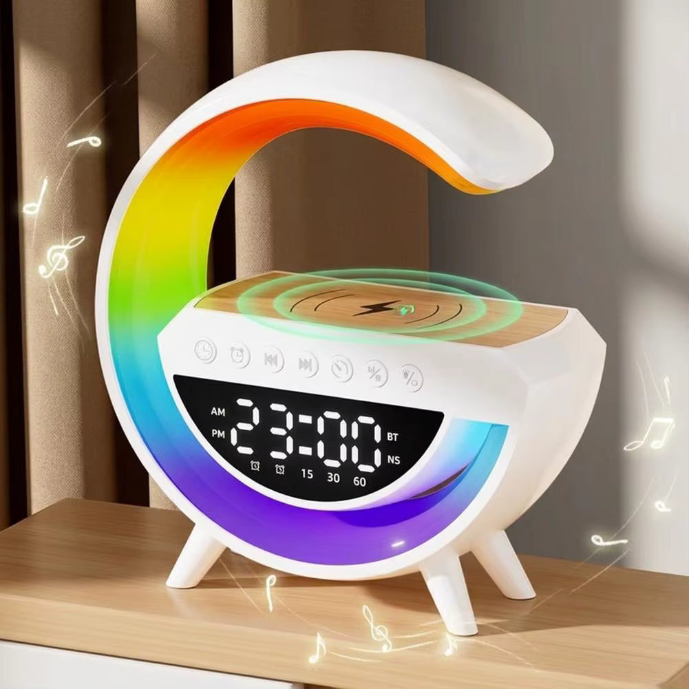 4-in-1 Smart Wecker mit Stimmungslicht, Lautsprecher und kabellosem Ladegerät