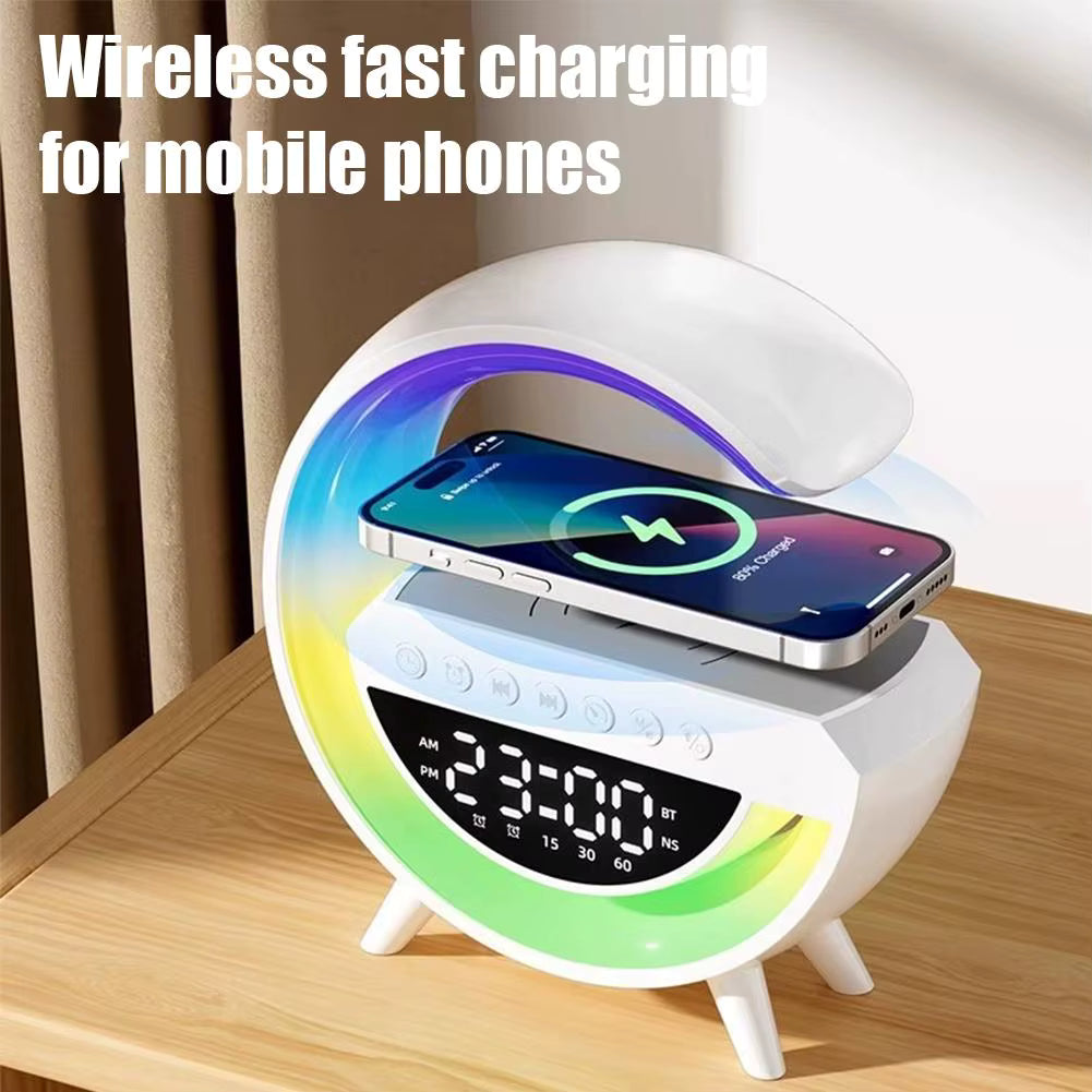4-in-1 Smart Wecker mit Stimmungslicht, Lautsprecher und kabellosem Ladegerät