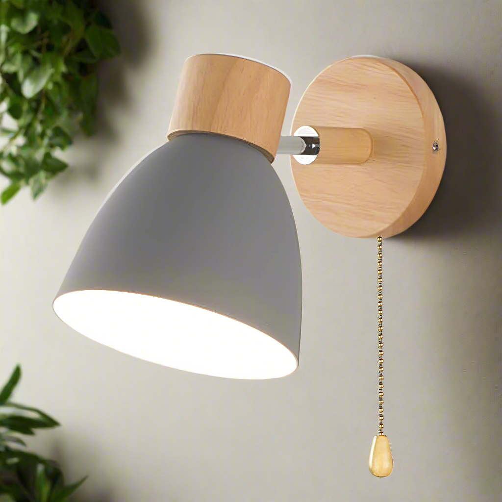 Skandynawska lampa ścienna z przełącznikiem na sznurku, ciepły nordycki styl  