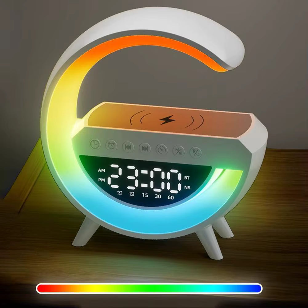 4-in-1 Smart Wecker mit Stimmungslicht, Lautsprecher und kabellosem Ladegerät