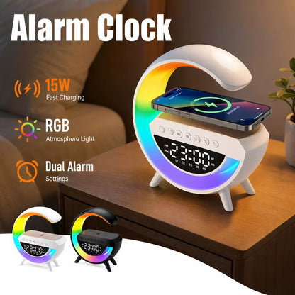 4-in-1 Smart Wecker mit Stimmungslicht, Lautsprecher und kabellosem Ladegerät