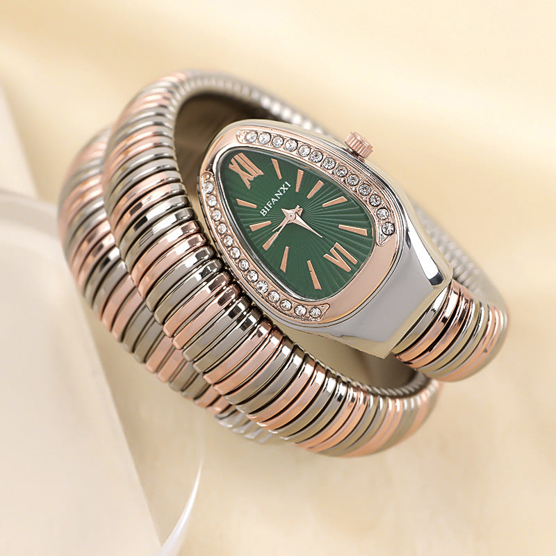Snake Style Quartz Watch Stainless Steel Bracelet Oval Dial