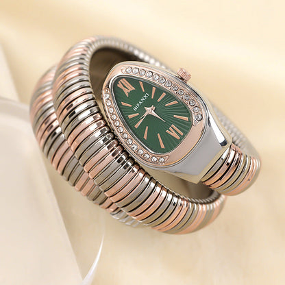 Snake Style Quartz Watch Stainless Steel Bracelet Oval Dial