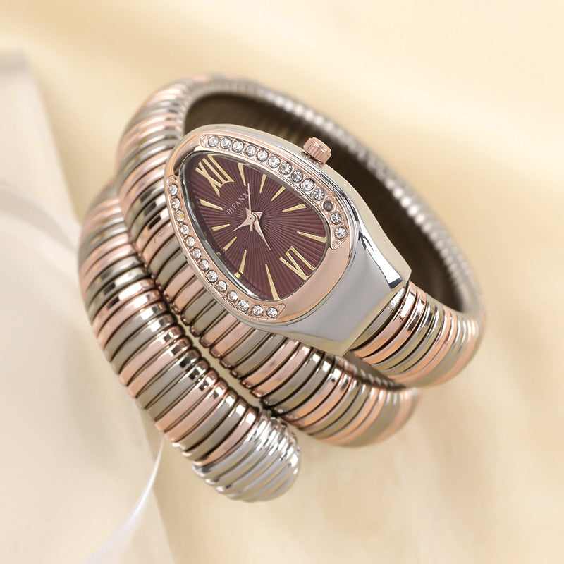 Snake Style Quartz Watch Stainless Steel Bracelet Oval Dial