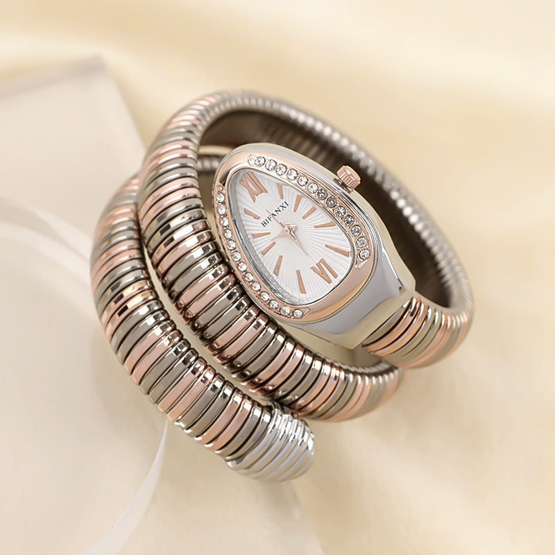 Snake Style Quartz Watch Stainless Steel Bracelet Oval Dial