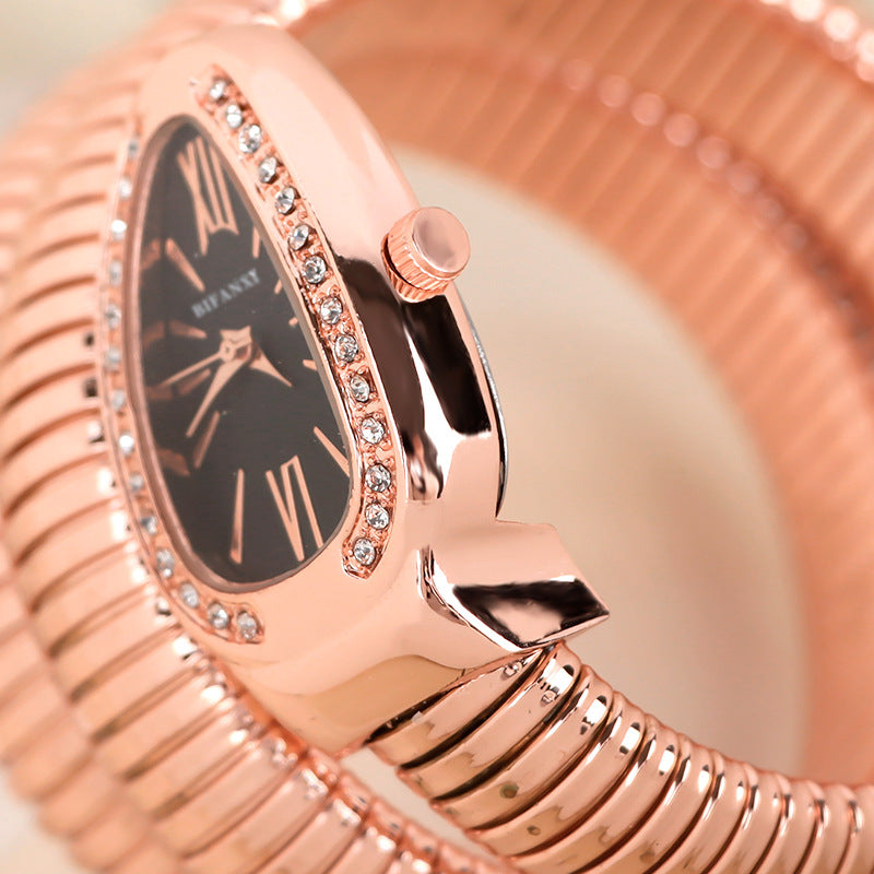 Snake Style Quartz Watch Stainless Steel Bracelet Oval Dial