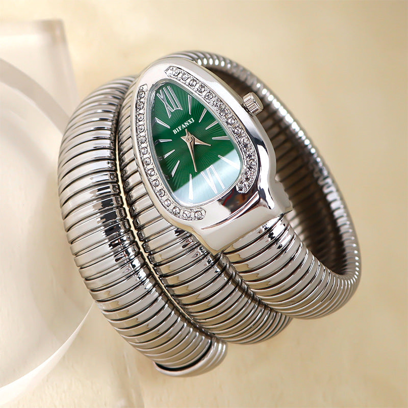 Snake Style Quartz Watch Stainless Steel Bracelet Oval Dial