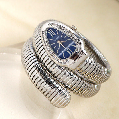 Snake Style Quartz Watch Stainless Steel Bracelet Oval Dial