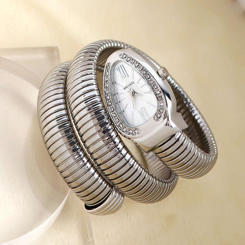 Snake Style Quartz Watch Stainless Steel Bracelet Oval Dial