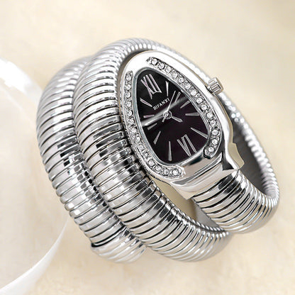 Snake Style Quartz Watch Stainless Steel Bracelet Oval Dial