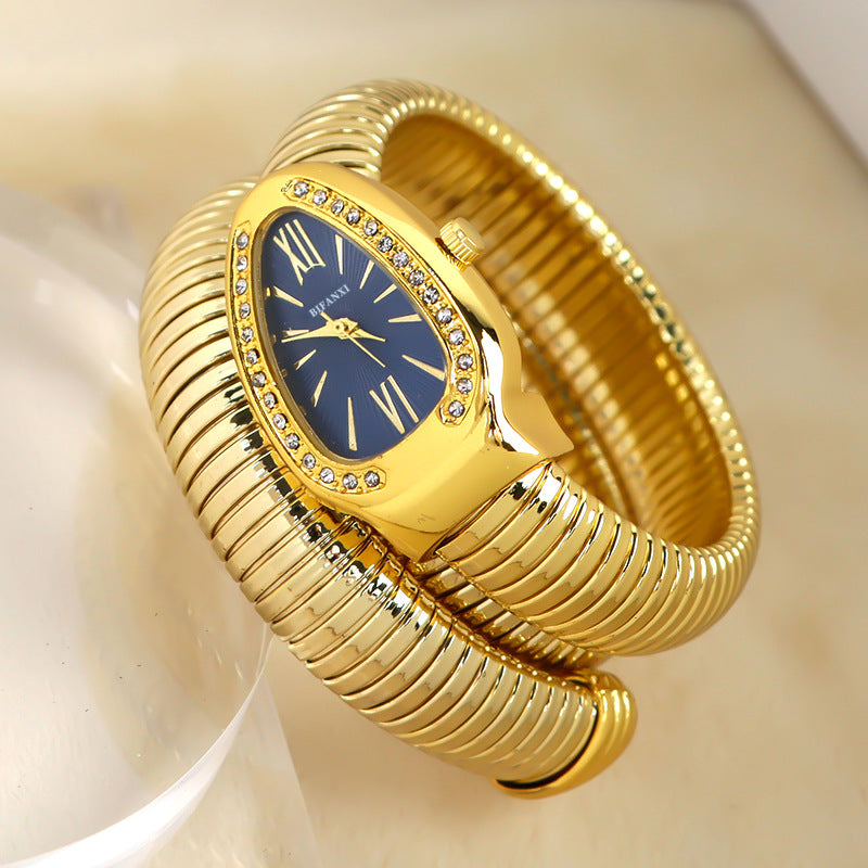Snake Style Quartz Watch Stainless Steel Bracelet Oval Dial