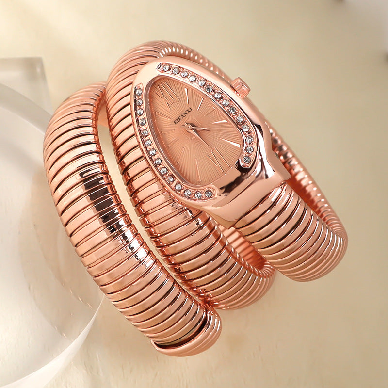 Snake Style Quartz Watch Stainless Steel Bracelet Oval Dial