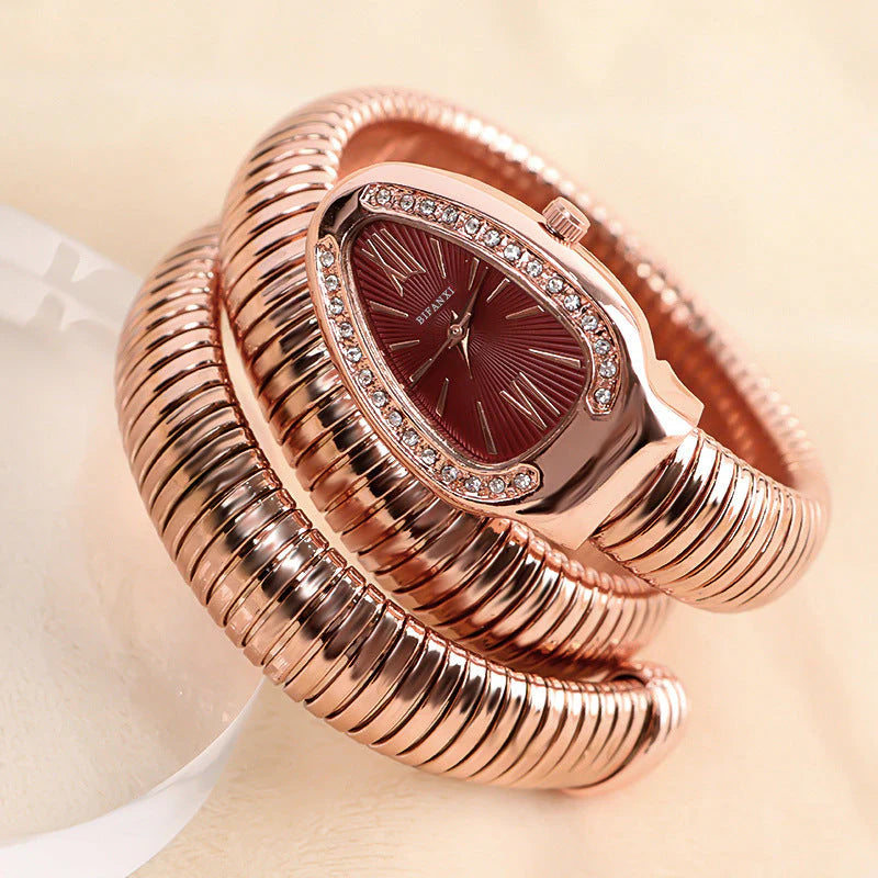Snake Style Quartz Watch Stainless Steel Bracelet Oval Dial