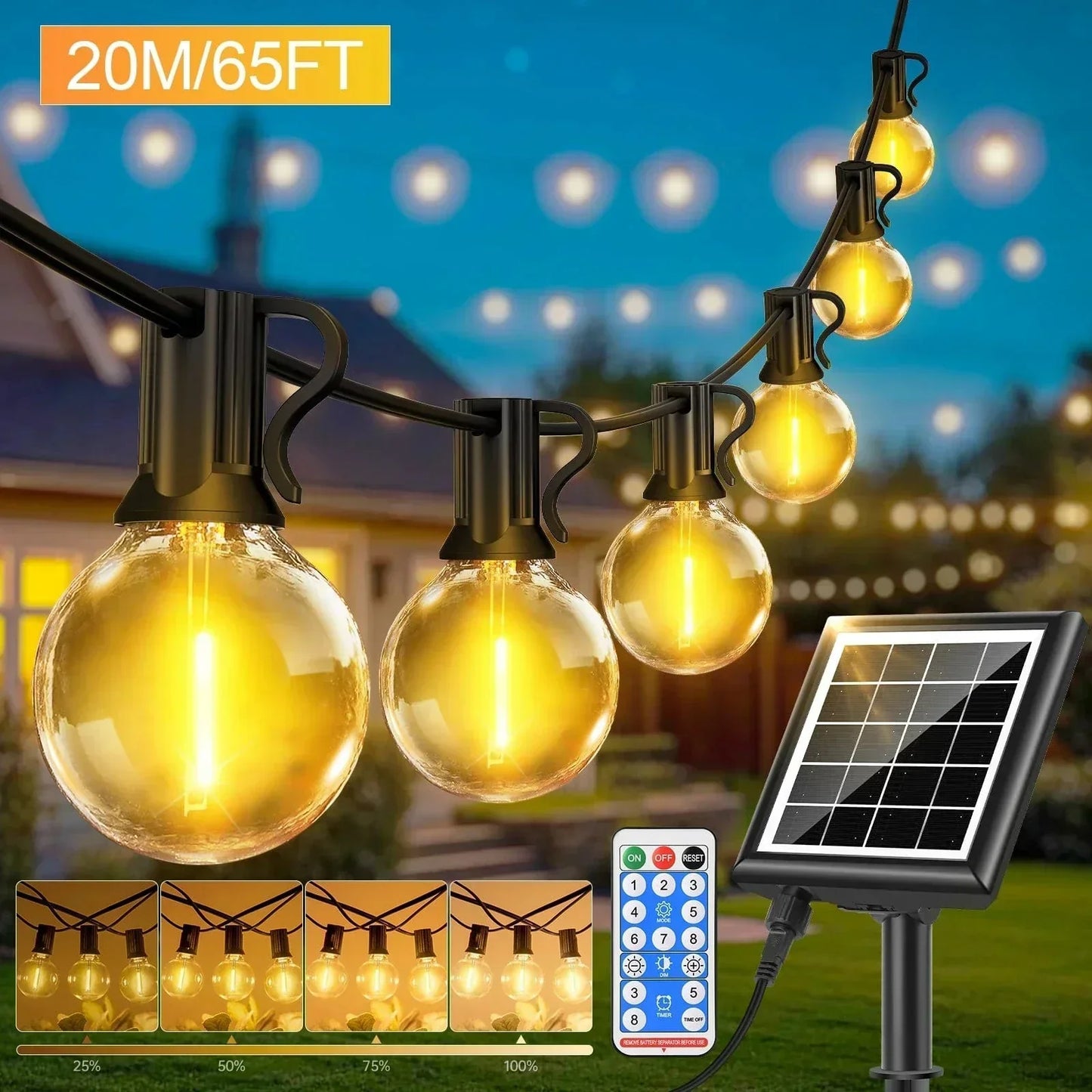 Solarne lampki łańcuchowe 20 m LED z pilotem do użytku zewnętrznego