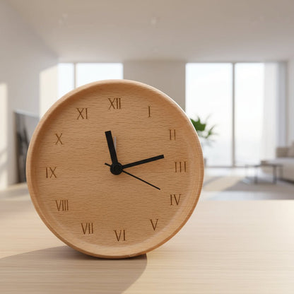Wekker van massief beukenhout met analoge wijzerplaat en stil uurwerk