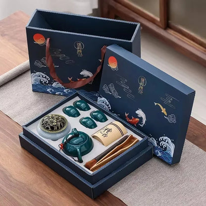 Traditionelles chinesisches Keramik-Teeset mit 4 Tassen und Räuchergefäß Gongfu-Teeset