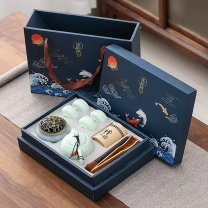 Traditionelles chinesisches Keramik-Teeset mit 4 Tassen und Räuchergefäß Gongfu-Teeset