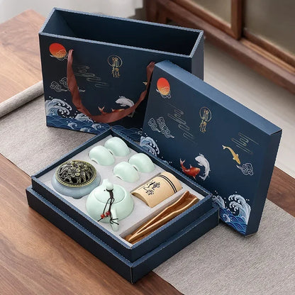 Traditionelles chinesisches Keramik-Teeset mit 4 Tassen und Räuchergefäß Gongfu-Teeset