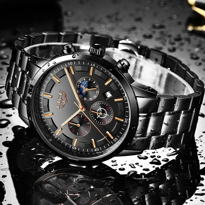 VanguardTime Mænds Sorte Stålur Slankt Quartz Design