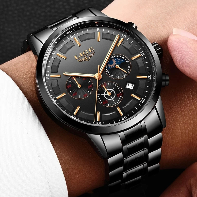 VanguardTime Mænds Sorte Stålur Slankt Quartz Design