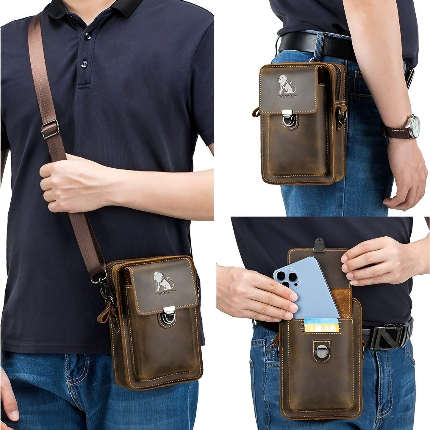 Vidal Mænds Læder Taljebælte Multi-lomme Crossbody