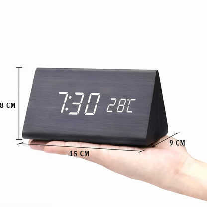 WakeyCue Wooden LED Alarm Clock with Temperature and Humidity Display