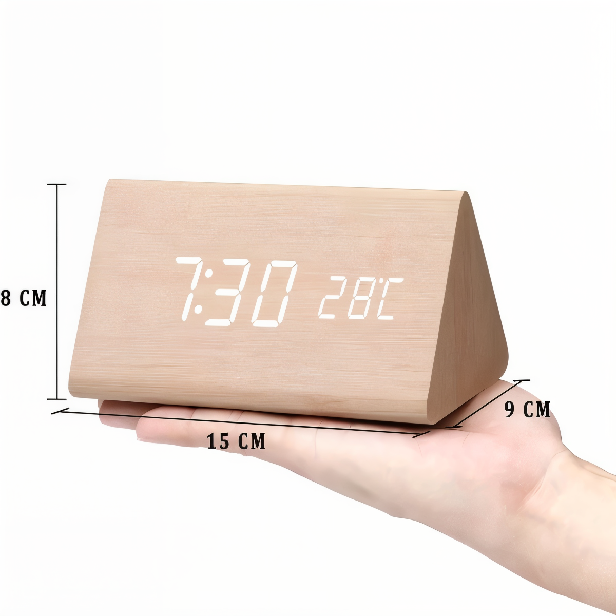 WakeyCue Wooden LED Alarm Clock with Temperature and Humidity Display