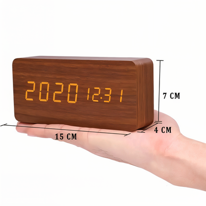 WakeyCue Wooden LED Alarm Clock with Temperature and Humidity Display