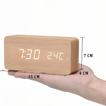 WakeyCue Wooden LED Alarm Clock with Temperature and Humidity Display