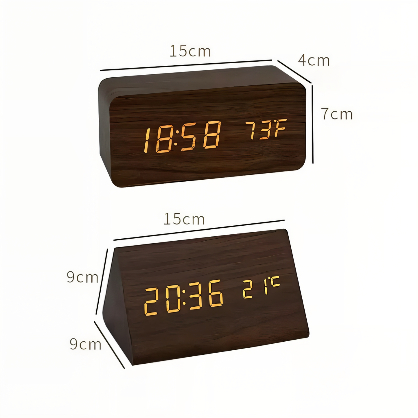 WakeyCue Wooden LED Alarm Clock with Temperature and Humidity Display