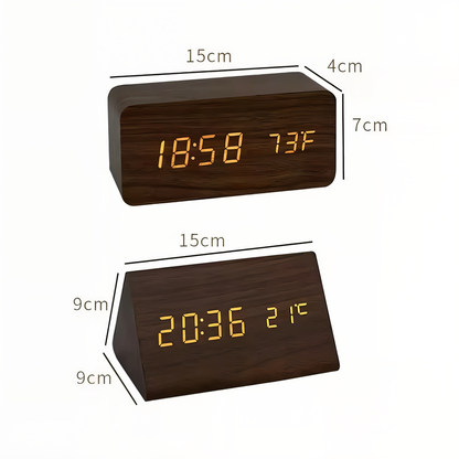 WakeyCue Wooden LED Alarm Clock with Temperature and Humidity Display