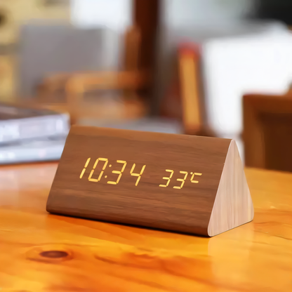 WakeyCue Wooden LED Alarm Clock with Temperature and Humidity Display