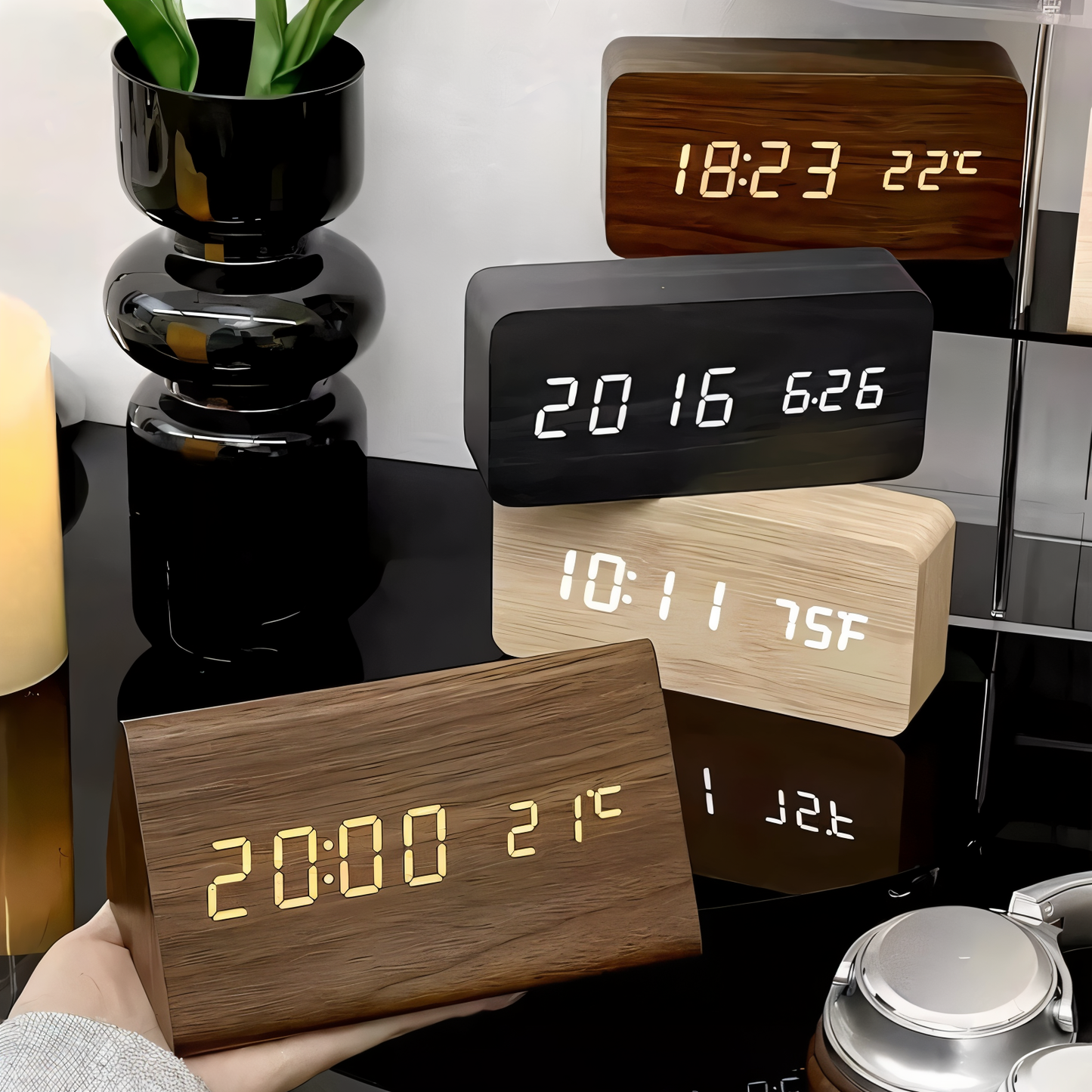 WakeyCue Wooden LED Alarm Clock with Temperature and Humidity Display