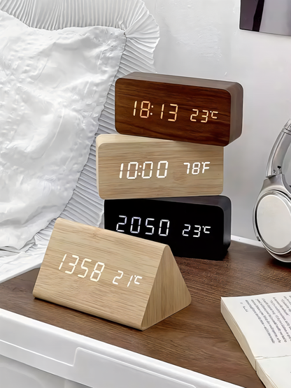 WakeyCue Wooden LED Alarm Clock with Temperature and Humidity Display