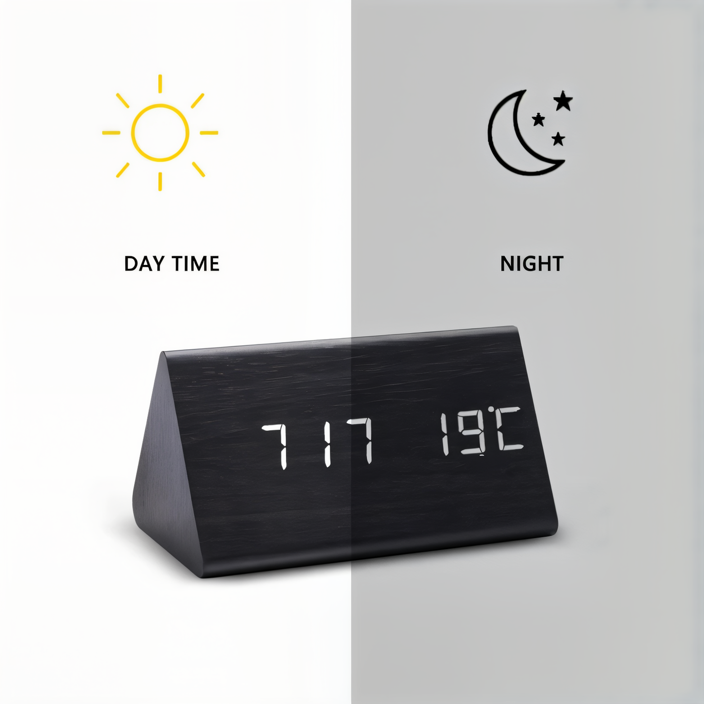 WakeyCue Wooden LED Alarm Clock with Temperature and Humidity Display