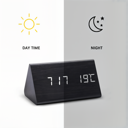 WakeyCue Wooden LED Alarm Clock with Temperature and Humidity Display