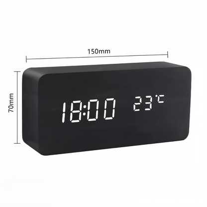 WakeyCue Wooden LED Alarm Clock with Temperature and Humidity Display