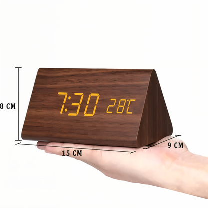 WakeyCue Wooden LED Alarm Clock with Temperature and Humidity Display