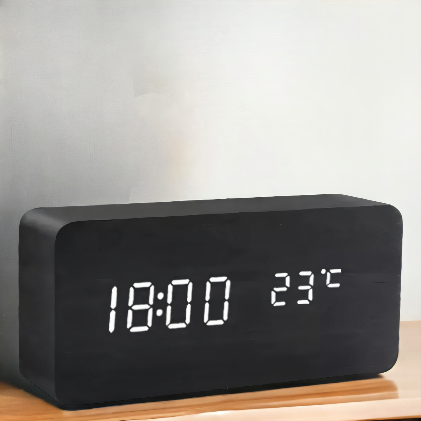 WakeyCue Wooden LED Alarm Clock with Temperature and Humidity Display