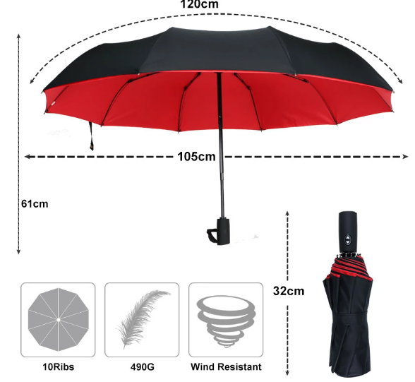 Winddichter Sturm-Regenschirm, kompakt, leicht, mit automatischem Öffnungsmechanismus  