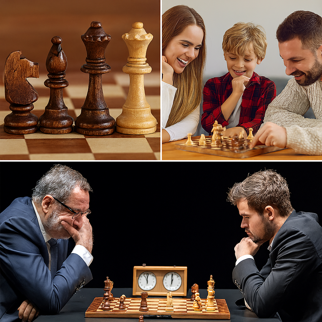 Houten schaakspel met opvouwbaar bord en handgemaakte stukken voor klassiek toernooispel
