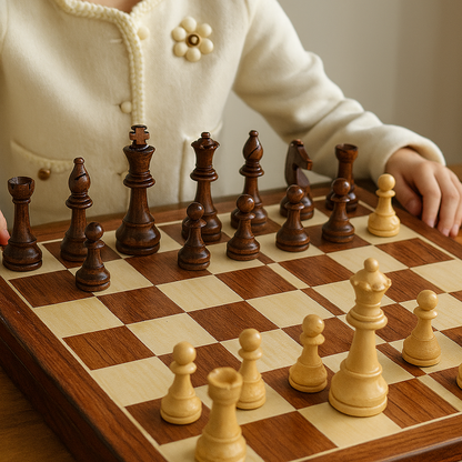 Houten schaakspel met opvouwbaar bord en handgemaakte stukken voor klassiek toernooispel