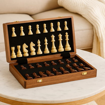 Houten schaakspel met opvouwbaar bord en handgemaakte stukken voor klassiek toernooispel