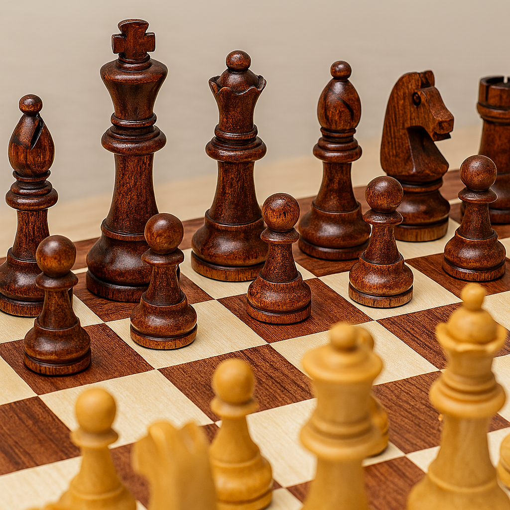 Houten schaakspel met opvouwbaar bord en handgemaakte stukken voor klassiek toernooispel